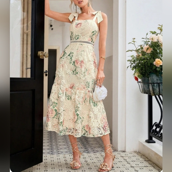 New Floral Lace Net Midi Cami Dress Cream Ivory Pink Green - Picture 6 of 8